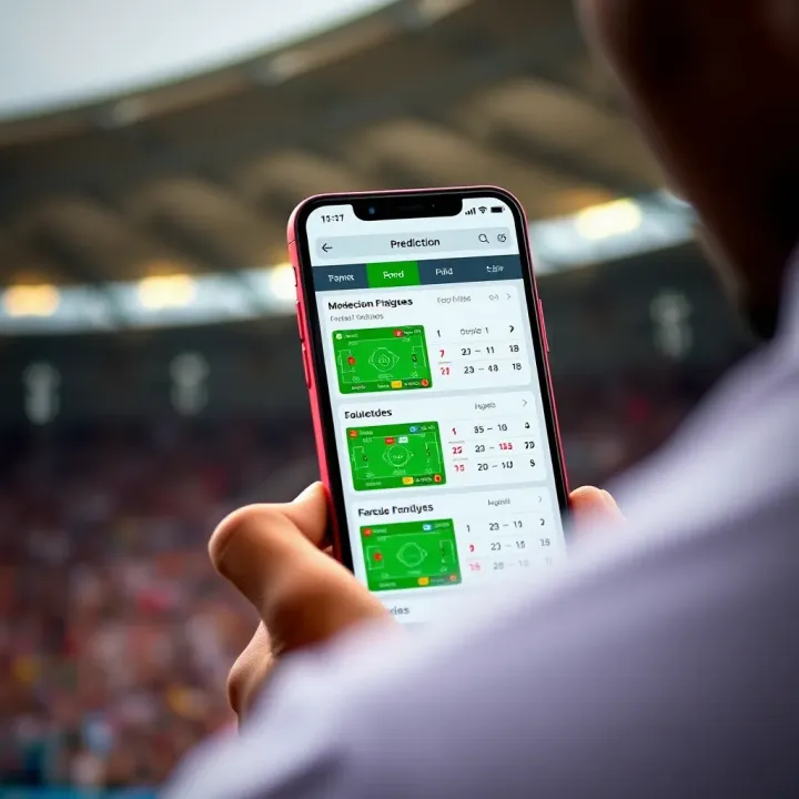 Smartphone displaying football prediction app with Nigerian league fixtures and analysis charts