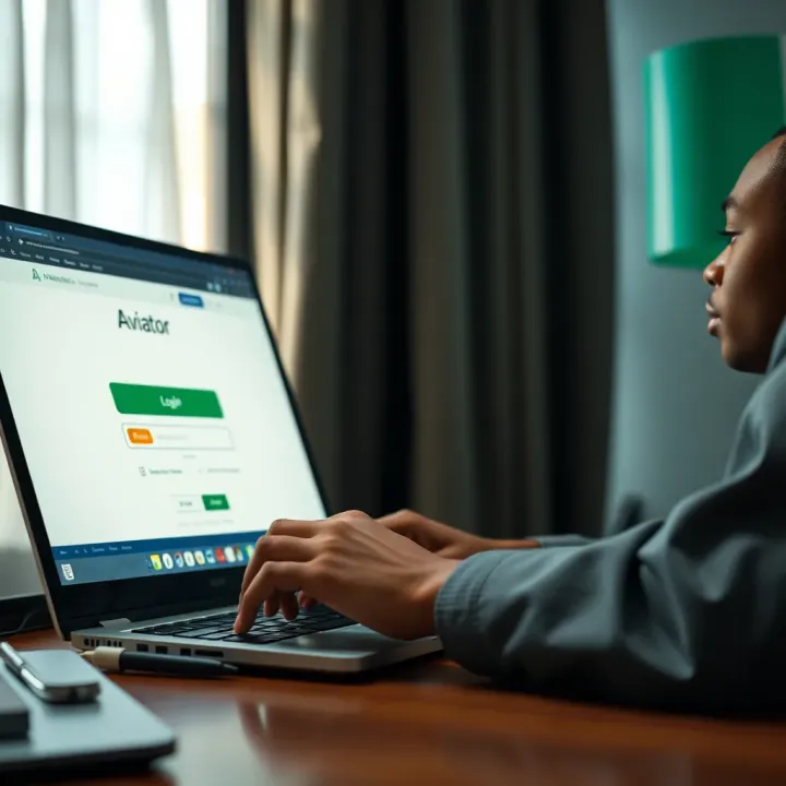 User entering login credentials on Aviator platform using a laptop with a Nigerian flag sticker