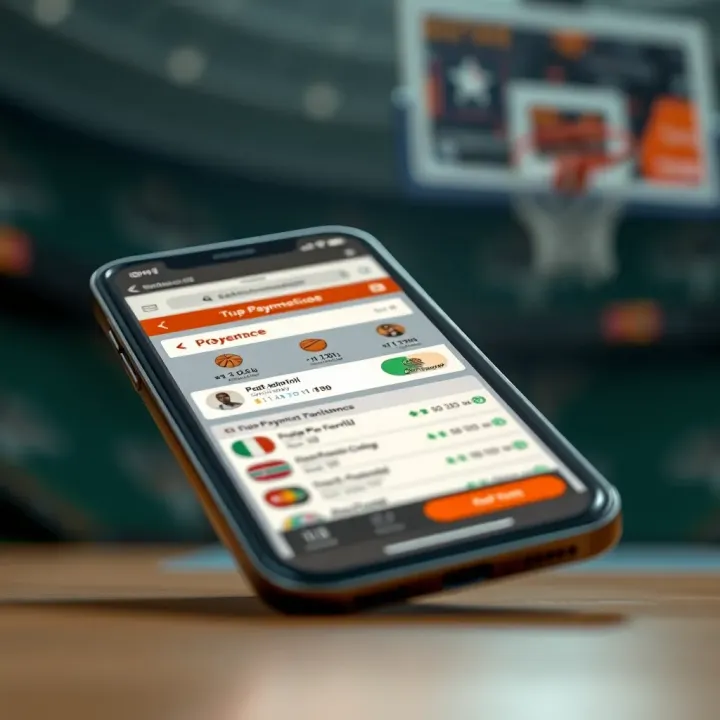 Illustration of mobile device showing basketball betting interface with Nigerian currency symbols and secure payment methods