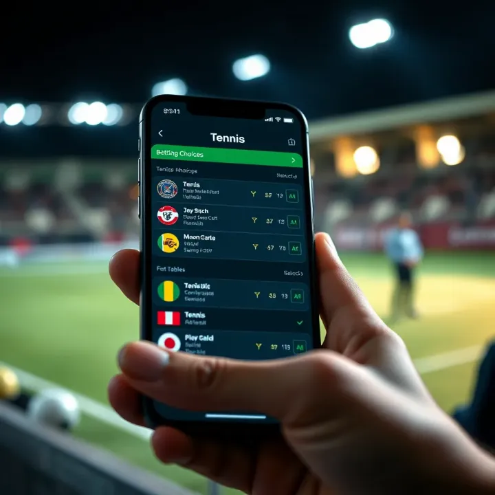 A smartphone showing a sports betting app interface with tennis match selections