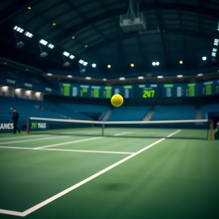 A tennis court with a digital scoreboard displaying odds and betting options