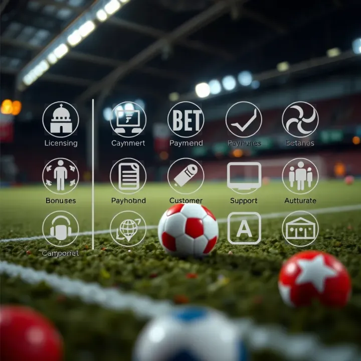 Icons representing licensing, payment methods, bonuses, and customer support for online betting sites
