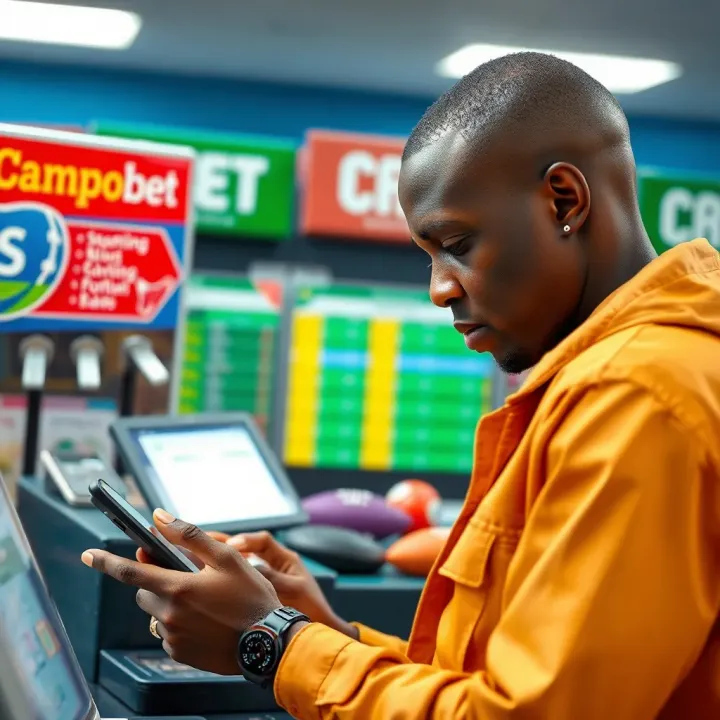 Placing Bets and Managing Transactions at Campobet Booking Shops Illustration of a bettor using a mobile device to place bets and manage transactions securely at a Campobet booking shop