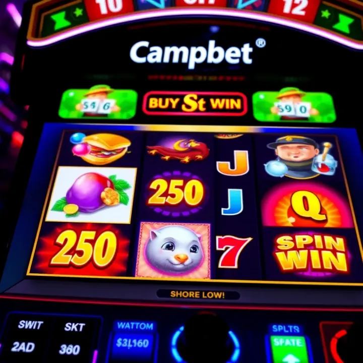 Colorful slot machine reels showing various symbols and bonuses in an online casino interface