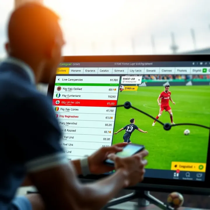 Betting interface showing football odds and options alongside a live match stream on a digital device