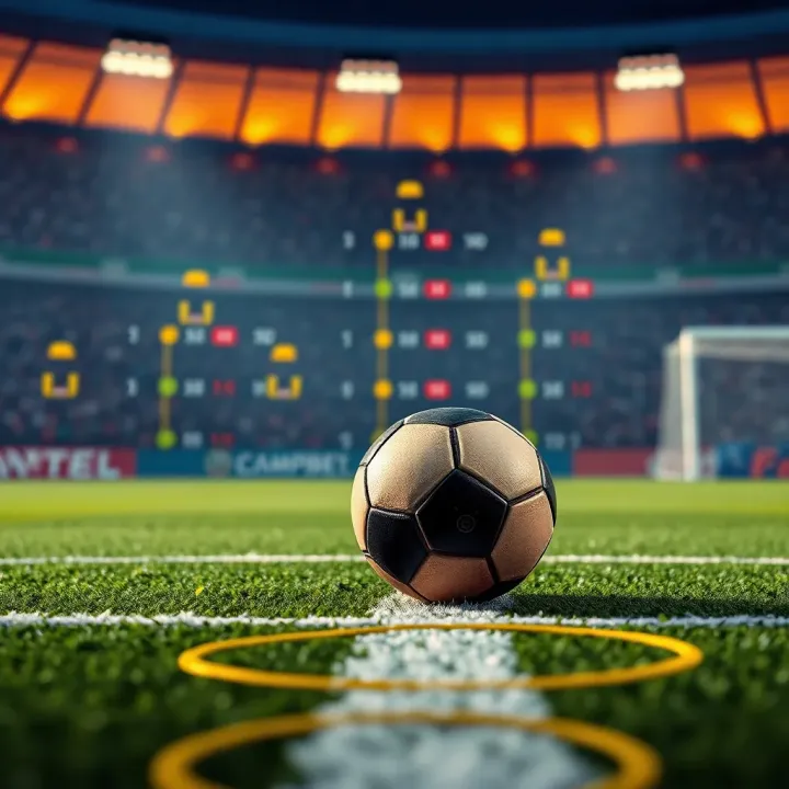 Football pitch with strategic betting icons and charts indicating winning predictions