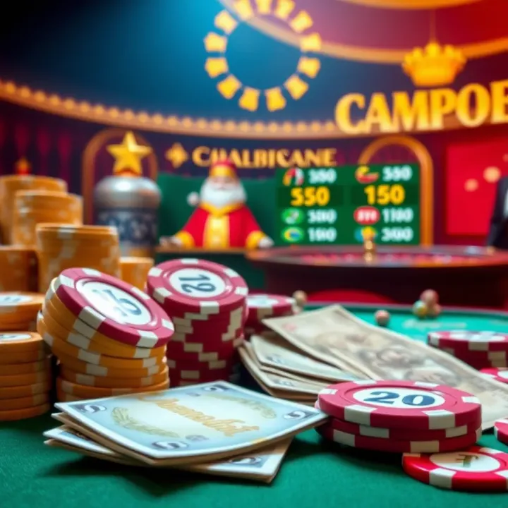 Casino chips and currency displaying bonus and promotional offers