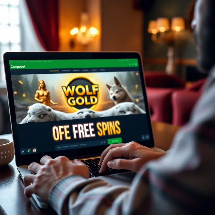 Claiming Wolf Gold Free Spins on Campobet Website User interacting with Campobet platform on a laptop emphasizing free spins promotion for Wolf Gold