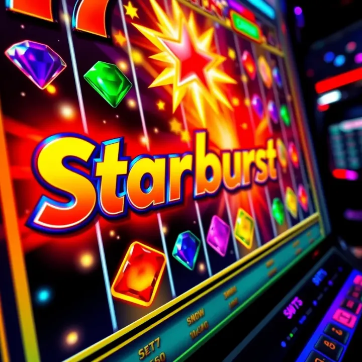 Colorful Starburst slot game interface with vibrant gems and bright lights