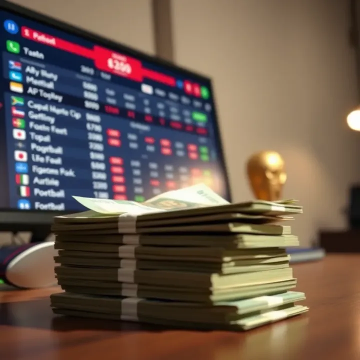 Stack of Nigerian naira notes beside a digital betting screen displaying football match stats
