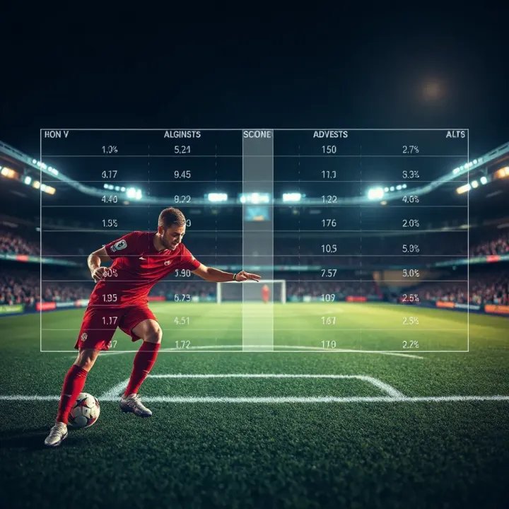Football pitch with tactical analysis and score prediction data overlay