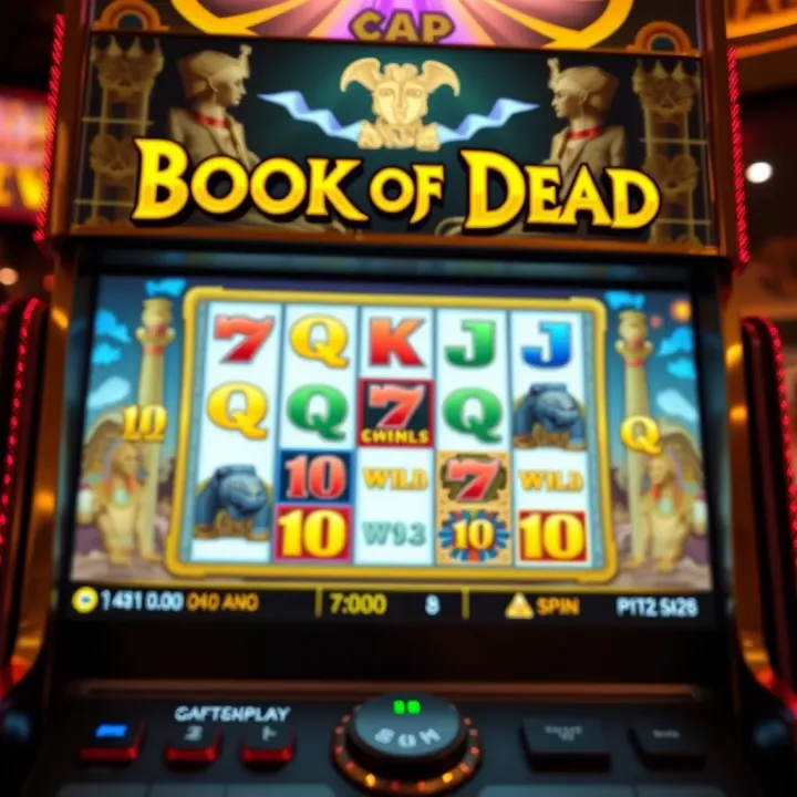 Slot machine screen displaying Book of Dead game with symbols and reels in motion