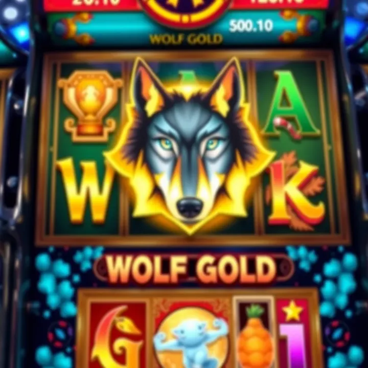 Bright and colorful Wolf Gold slot game interface showing reels and symbols