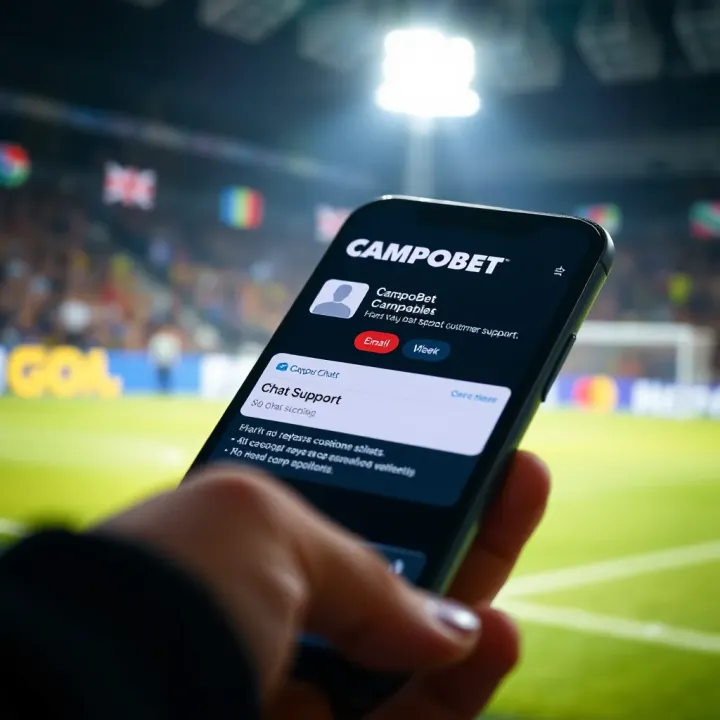 Mobile phone displaying Campobet app with chat and email support options