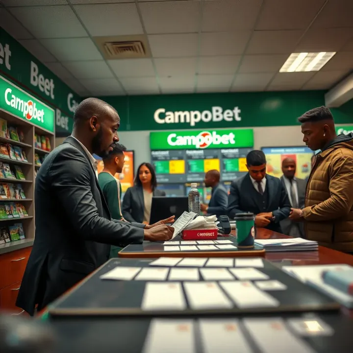 Illustration showing a Campobet agent managing the shop counter with betting slips and customers around