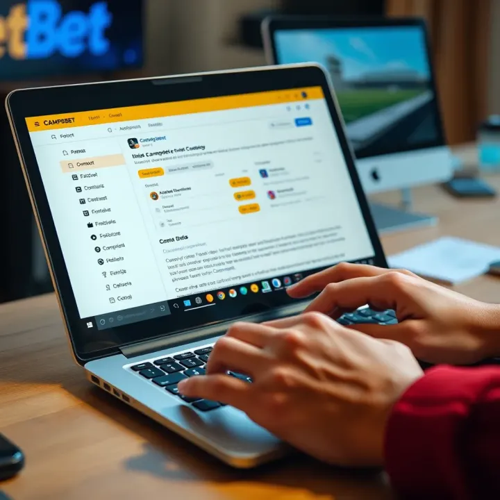 Person using a laptop to send a complaint email with contact details visible on screen