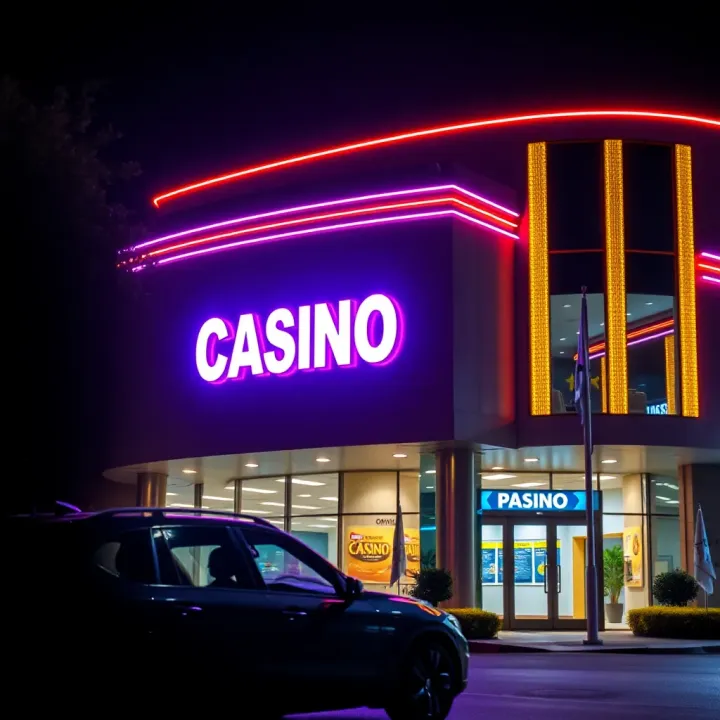 Modern casino building with a glowing neon sign indicating official NCGB licensing in Nigeria