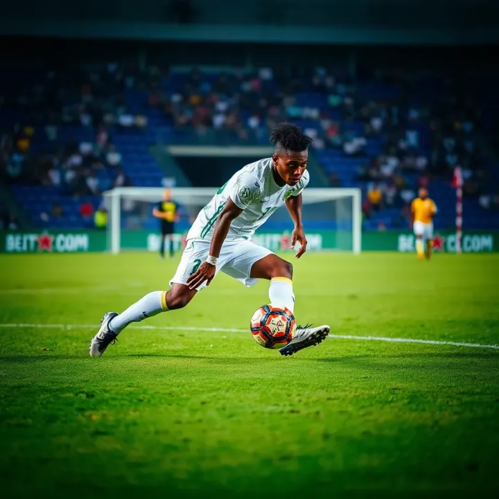 Close-up of a football player in action during a Nigeria Professional Football League game on a lush green pitch