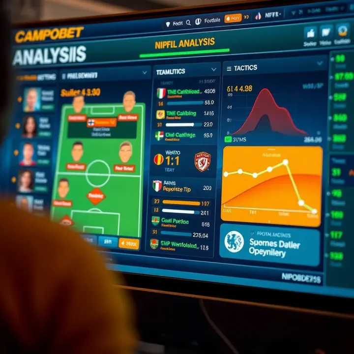 Illustration of football team analysis with player statistics and tactics highlighted on a digital interface
