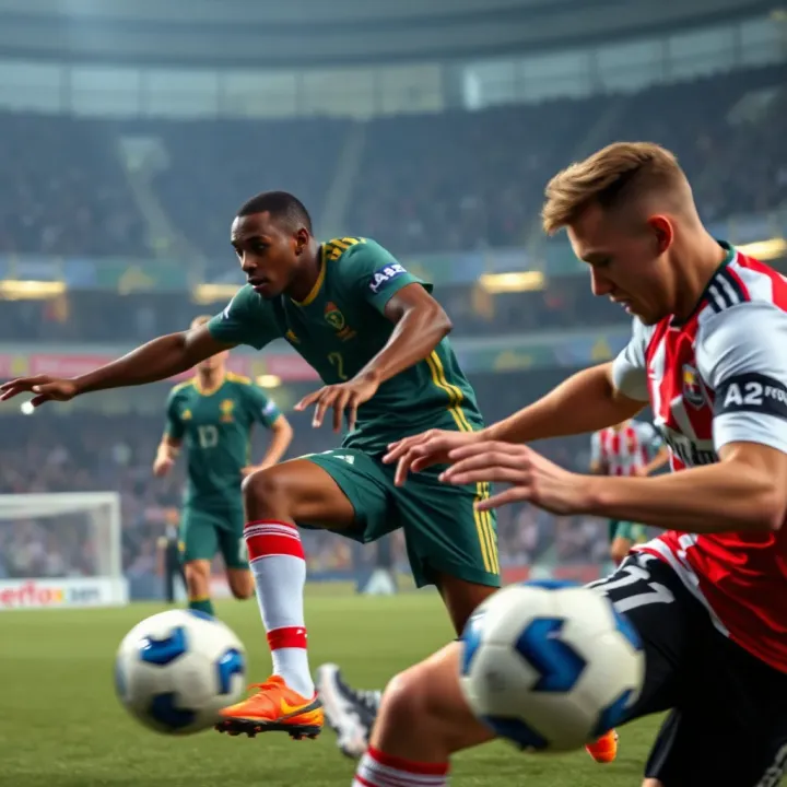 Dynamic football action with players competing fiercely in South Africa Premier League match
