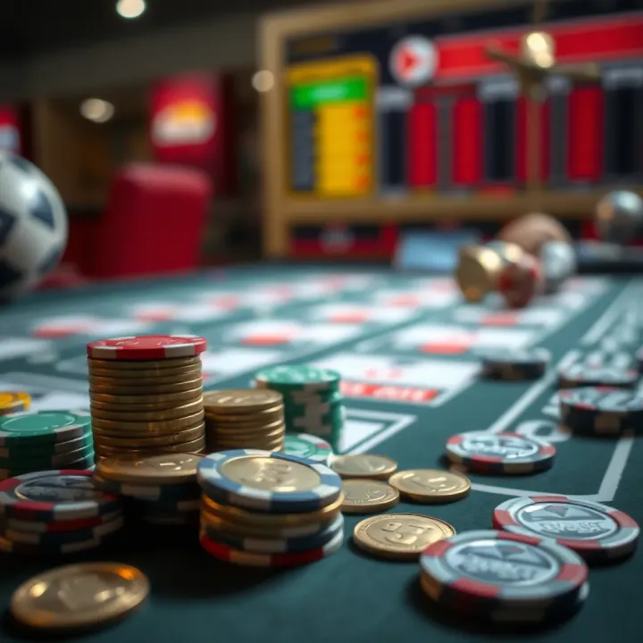 Visual representation of strategic bankroll management with coins and betting chips arranged on a table