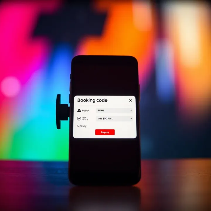 Illustration showing a digital booking code displayed on a smartphone screen against a colorful background