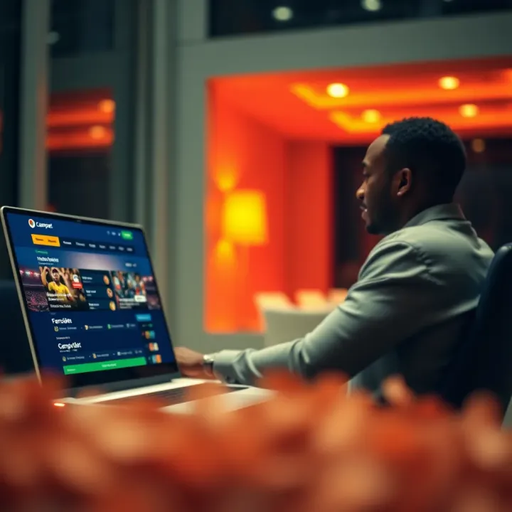Illustration of a Nigerian player accessing Campobet platform on a laptop to claim a bonus