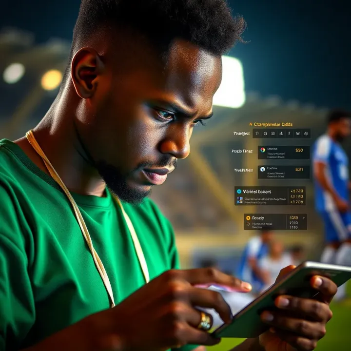 Illustration of a Nigerian bettor analyzing Champions League odds on a digital device with strategic tips highlighted