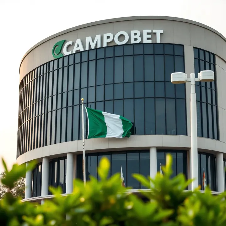 Campobet Bet Corporate Presence in Nigeria Illustration showing Campobet Bet's corporate building with Nigerian flag symbolizing local market presence